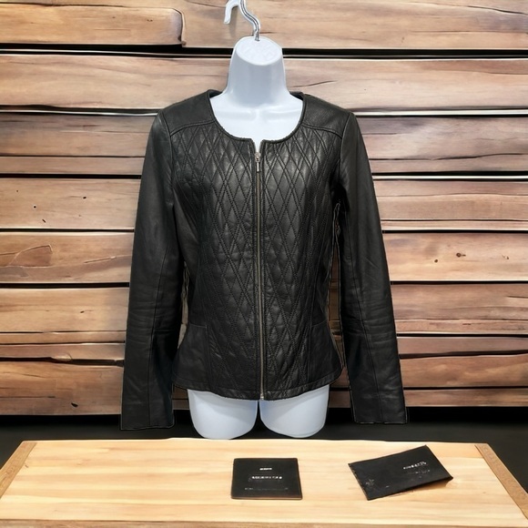 HINGE Quilted Genuine Leather Jacket Zip Black Size S - Picture 14 of 17